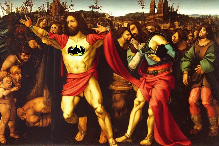 Image similar to jesus fighting batman renaissance oil painting by da vinci