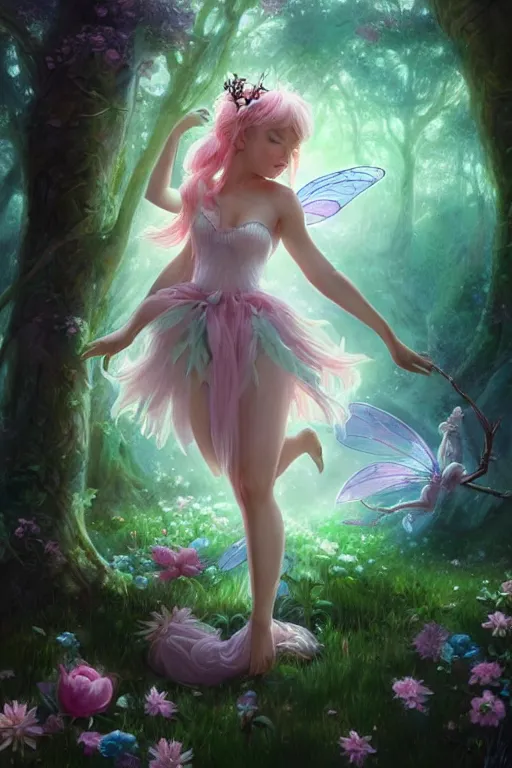 Image similar to a cute fairy in the dreamy forest, fantasy, 8 k resolution, hyper detailed, d & d, character design, digital painting, trending on artstation, sharp focus, illustration, art by artgerm, steve zheng, fuji choko, viktoria gavrilenko, hoang lap