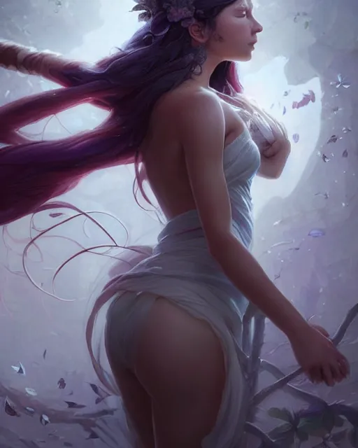 Prompt: a ( ( girl as personification of intellect ) ), silk, leaves, beauty, fantasy, digital painting by krenz cush art, greg rutkowski, artgerm, laurie greasly, wlop, intricate, highly detailed!!, sharp focus, smooth, epic composition, unreal engine, masterpiece, 8 k, interesting background