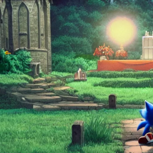 Image similar to film still of sonic the hedgehog giving a sermon. baptist church in rural tennessee background, studio ghibli film