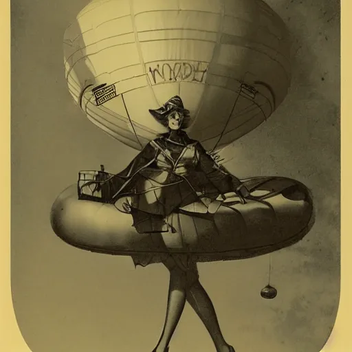 Image similar to gynoid riding atop an enormous blimp