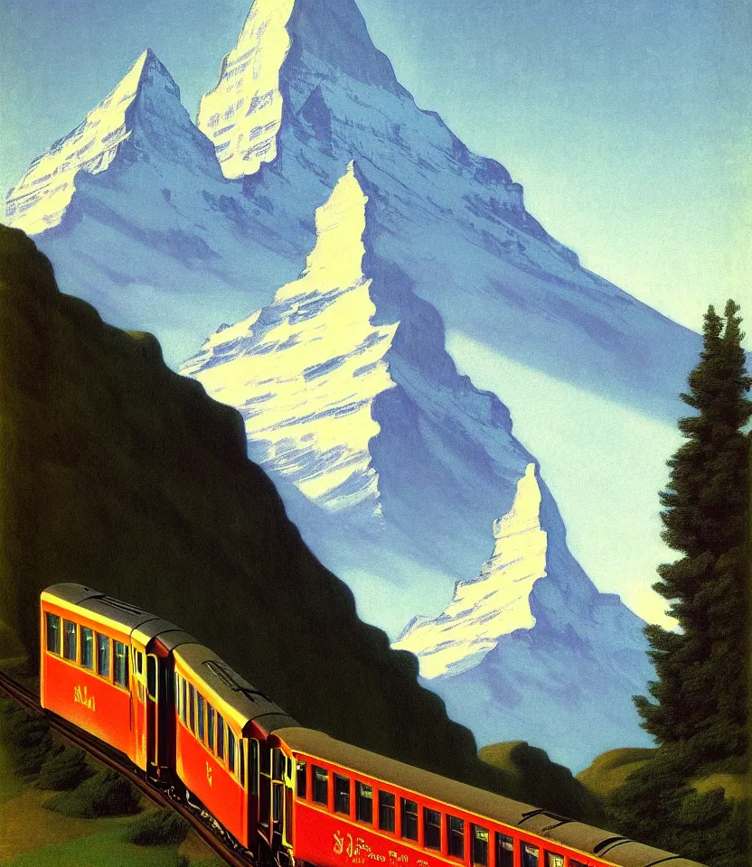 Prompt: an achingly beautiful print of a train in front of the matterhorn by raphael, hopper, and rene magritte. detailed, golden ratio, romantic, enchanting, trending on artstation