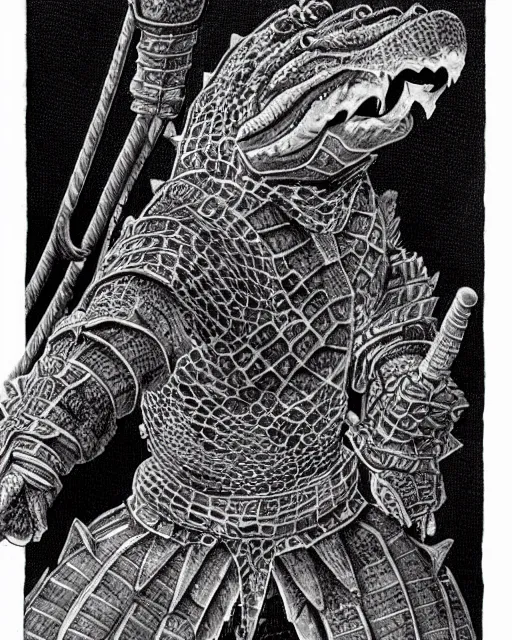 Image similar to anthro crocodile crocman wearing tribal armor, artwork by kentaro miura, crocodile man, kentaro miura art
