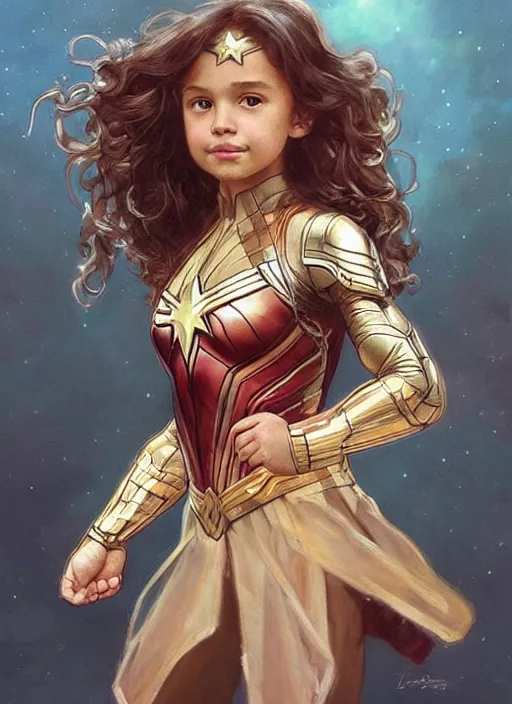 Image similar to a little girl with a mischievous face and light brown curly wavy hair. she is dressed as captain marvel, wonder woman, captain america, a superhero. clean elegant painting, beautiful detailed face. by artgerm and greg rutkowski and alphonse mucha