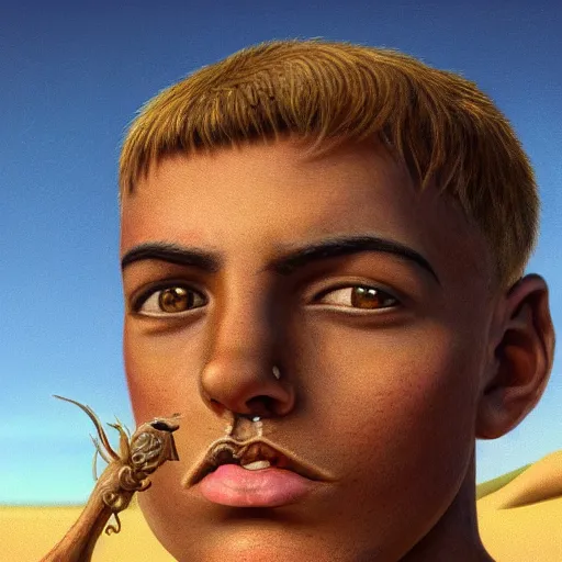 Image similar to a detailed portrait of a tan boy with a small face tattoo in the desert, fantasy art illustration, incredibly highly detailed and realistic, 8 k, sharp focus