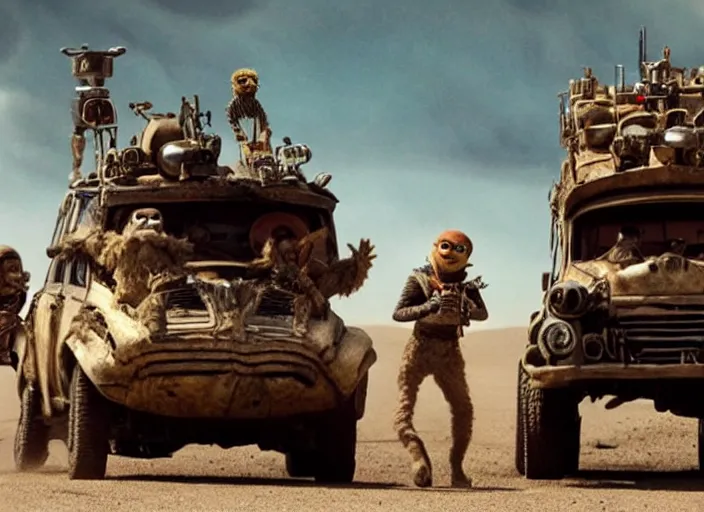 Image similar to scene from the 2015 science fiction film Muppet Mad Max: Fury Road