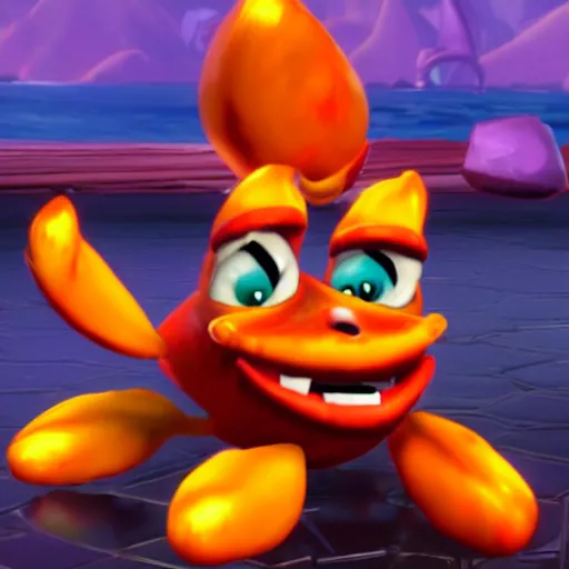 Prompt: screenshot of a cute wacky humanoid crab enemy with a coat in crash bandicoot video game, crash bandicoot 4, playstation 1 era graphics, activision blizzard style, 4 k upscaled graphics