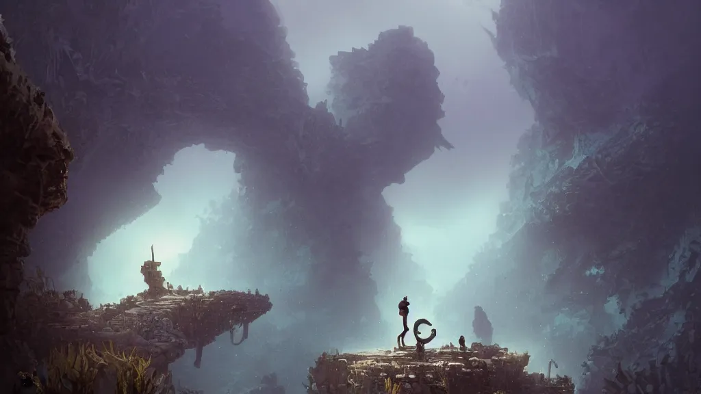 Image similar to A diver is under the sea, he has a treasure with him, he is swimming away from the giant Nessie that is behind hunting him, this is an extravagant planet with wacky wildlife and some mythical animals, the background is full of ancient ruins, the ambient is dark with a terrifying atmosphere, by Jordan Grimmer digital art, trending on Artstation,