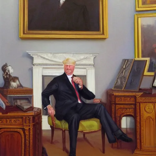 Prompt: senator armstrong sitting in oval office, oil painting, presidential portrait