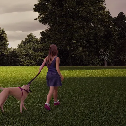 Image similar to Full lenght view contamporary art photography of ultra mega super hyper realistic girl walking with a dog . Photo on Leica Q2 Camera, Rendered in VRAY and DaVinci Resolve and MAXWELL and LUMION 3D, Volumetric natural light