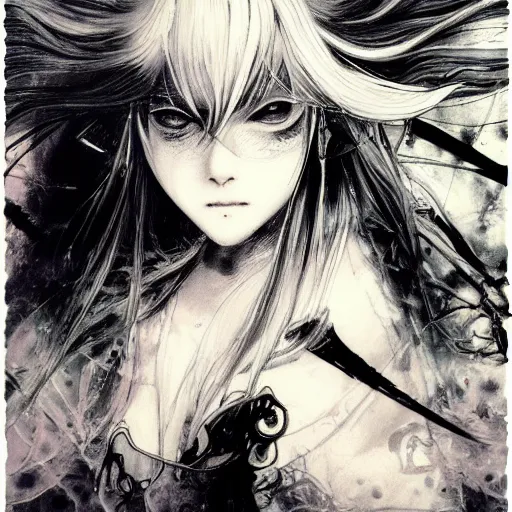 Image similar to Yoshitaka Amano blurred and dreamy illustration of an anime girl with a pirate eye patch, wavy white hair and cracks on her face wearing elden ring armour with the cape fluttering in the wind, abstract black and white patterns on the background, noisy film grain effect, highly detailed, Renaissance oil painting, weird portrait angle