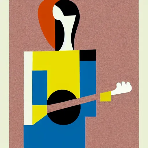 Prompt: portrait of a person playing guitar, abstract painting in the style of Sophie Taeuber-Arp and Gary Hume and Tatsuro Kiuchi, flat colour-block style, geometric abstraction, dark colours