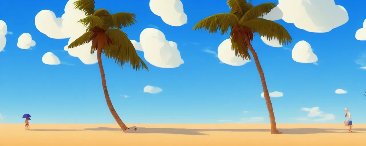 Prompt: illustration of a beach horizon with clouds and one palm tree in the style of goro fujita, sharp focus, highly detailed, artstation