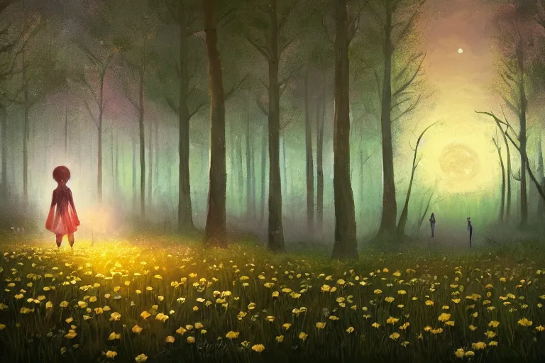 Prompt: giant daisy flower under head, girl walking in forest, surreal photography, dark night, stars, moon light, impressionist painting, clouds, digital painting, artstation, simon stalenhag
