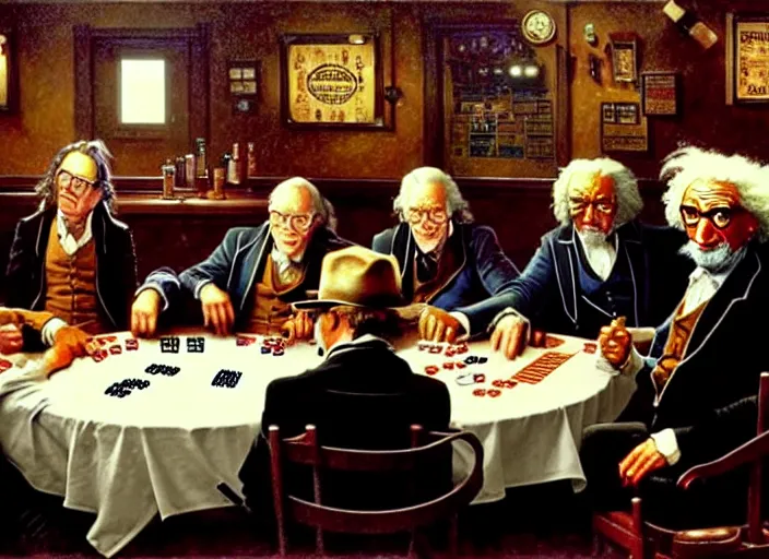Prompt: isaac newton and stephen hawkins and asimov and albert einstein playing poker in an old west saloon, centered, digital painting, artstation, concept art, smooth, illustration, art by james gurney and norman rockwell and greg rutkowski