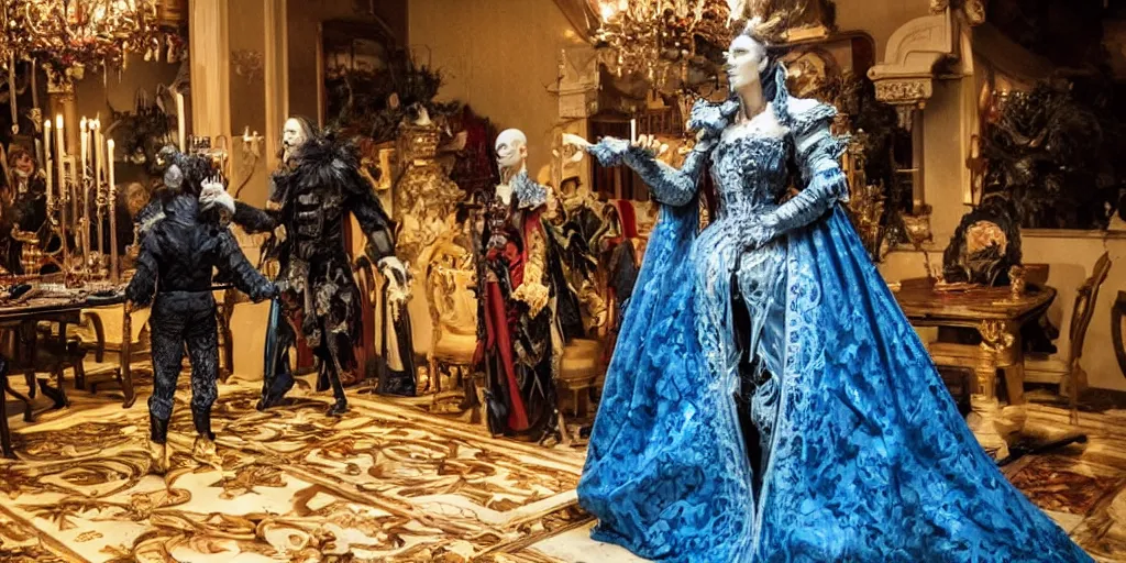 Image similar to photo taken of an epic intricate, ultra detailed, super realistic stop motion puppet of a majestic gracious regal aristocratic vampires in an indoor banquet hall filmset created by weta workshop and tim burton, menacing, wide angle, moody full body shot, photorealistic, sharp focus, gloomy, extremely cold blueish colour temperature, 3 5 mm, f 1. 4