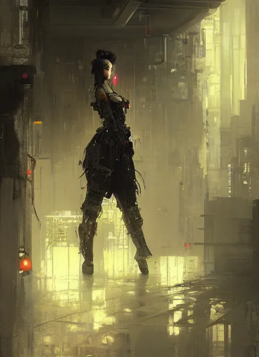 Image similar to cyberpunk geisha, rule of thirds, intricate outfit, spotlight, by greg rutkowski, by jeremy mann, digital painting