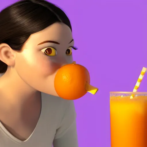 Prompt: a 3 d render of a girl drinking orange juice, pixar