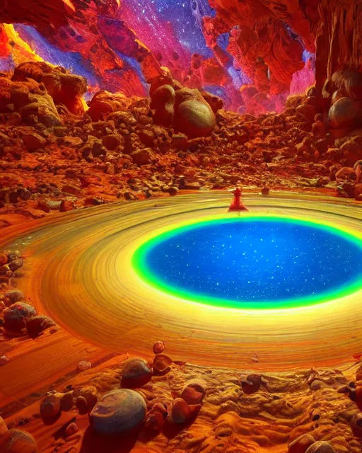 Prompt: the most beautiful star system with large brightly coloared planets, inside of an expansive massive cave,, coherent design, symmetrical, concept art, vivid color, complementary color, golden ratio, detailed, sharp lines, intricate, rainbowshift, by sahm, octane render