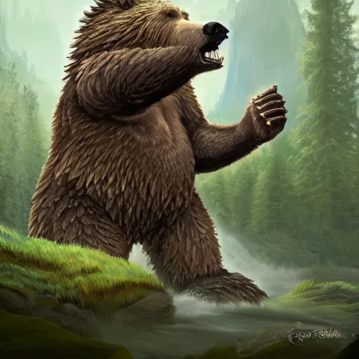 Image similar to one ferocious giant grizzly bear monster with 4 arms in a forest, fantasy concept art, by greg rutowski, detailed, epic pose