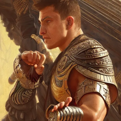 Image similar to julius Ceasar showing thumb down during gladiator fight, intricate, elegant, highly detailed, digital painting, artstation, concept art, smooth, sharp, focus, illustration, art by artgerm and greg rutkowski and alphonse mucha