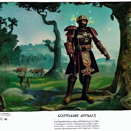 Image similar to ottoman sultanate space marine, lush pastoral woodland scene, pulp science fiction illustration