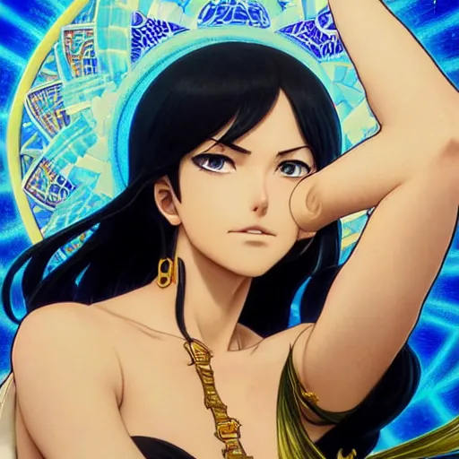 Image similar to highly detailed vfx portrait of nico robin by eiichiro oda!, makoto shinkai, alphonse mucha, sharp focus, art by artgerm and greg rutkowski!, backlit, harsh overhead sunlight, blue eyes!!, large aquiline nose!!, stanley kybric, kaoru mori, shadows, best of behance,