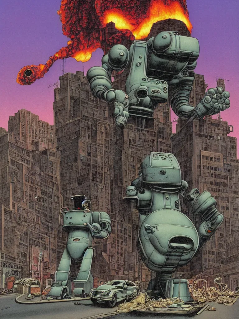 Prompt: an individual Giant classic robot walking down the street desires to eat a massive glazed donut, a building is on fire smoking and a crushed car is under the foot of the giant robot by Richard Corben