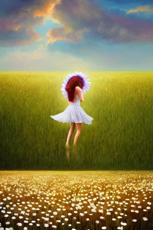 Image similar to veil giant white daisy flower as face, girl dancing in a flower field, surreal photography, sunrise, dramatic light, impressionist painting, colorful clouds, digital painting, artstation, simon stalenhag