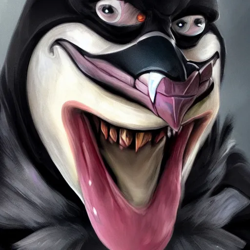 Prompt: the penguin wearing the dark knight mask, snarling teeth, digital painting, amazing detail, art station, cgsociety