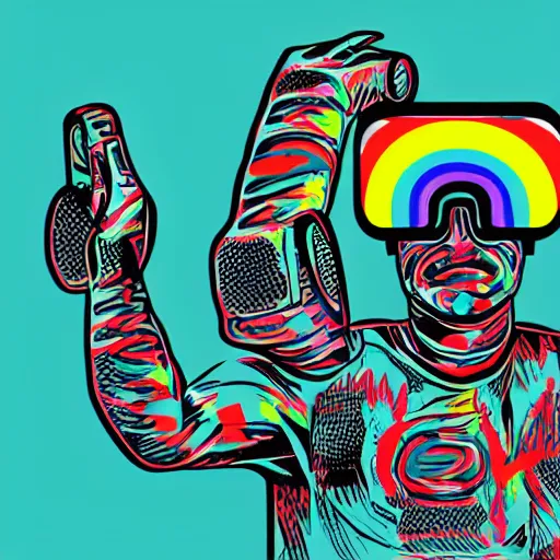 Image similar to wrestlers wearing vr headsets, vr goggles, shrugging, shrugging arms, intricate complexity, inverted neon rainbow drip paint, trending on art station, digital illustration by tom whalen