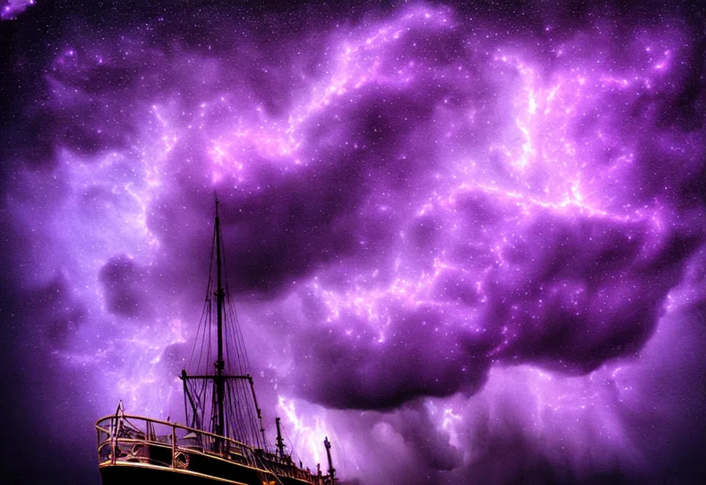 Prompt: purple color lighting storm with stormy sea close up of a pirate ship trippy nebula sky by banksy