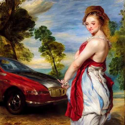 Image similar to heavenly summer sharp land sphere scallop well dressed lady waiting in front of a car, auslese, by peter paul rubens and eugene delacroix and karol bak, hyperrealism, digital illustration, fauvist, waiting in front of a car