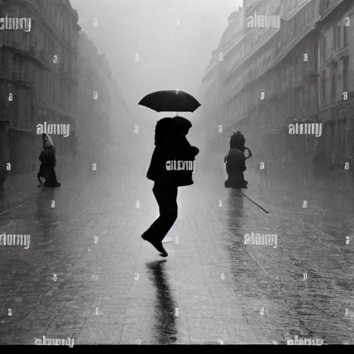 Image similar to the man leaping with an umbrella in a raining paris street, by henri cartier bresson,