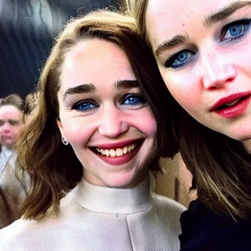 Image similar to a woman who is a genetic combination emilia clarke and jennifer lawrence takes a selfie with a woman who is the genetic combination of emily rudd and taylor swift, medium shot, detailed eyes,