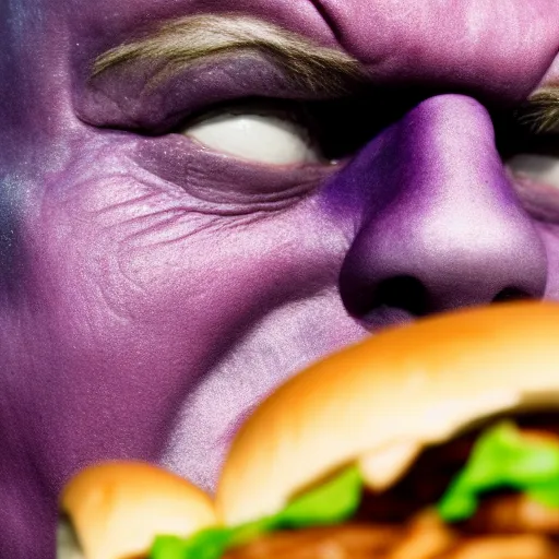 Prompt: Thanos eating a Big Mac, close up, f/22, 35mm, backlit