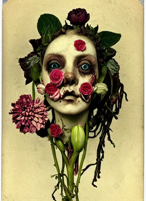 Image similar to beautiful and detailed rotten woman made of plants and many types of stylized flowers like carnation, chrysanthemum, roses and tulips, rococo ornamentation, intricate, surreal, john constable, guy denning, gustave courbet, caravaggio, romero ressendi 1 9 1 0 polaroid photo