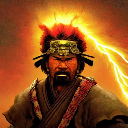 Image similar to UHD Closeup of constipated Samurai in a cosmic lightning storm on top of a mountain, painted in the style of Greg Rutkowski, Ferdinand Knab, and Todd McFarlane