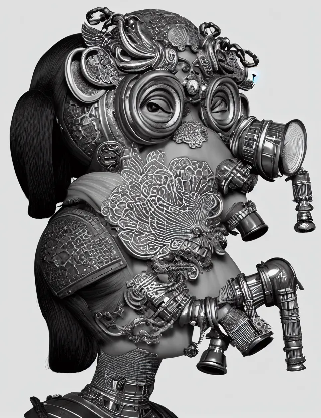 Image similar to 3 d goddess close - up profile punk portrait with vintage gas mask ram skull. beautiful intricately detailed japanese crow kitsune mask and clasical japanese kimono. betta fish, jellyfish phoenix, bio luminescent, plasma, ice, water, wind, creature, artwork by tooth wu and wlop and beeple and greg rutkowski