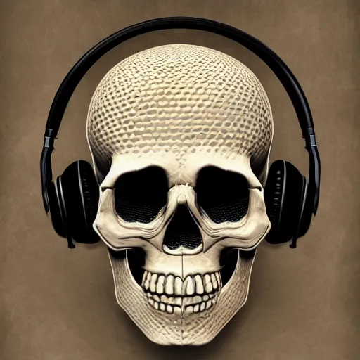 Image similar to skull with honeycomb head wearing headphones, cosmic horror, d&d, technology and magic, high resolution, intricate detail,