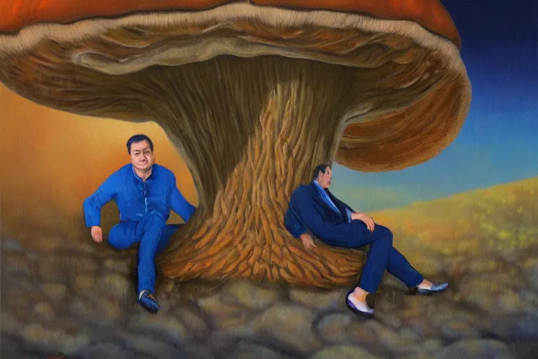 Image similar to portrait of orban viktor sitting under a big mushroom, detailed face, surreal oil painting