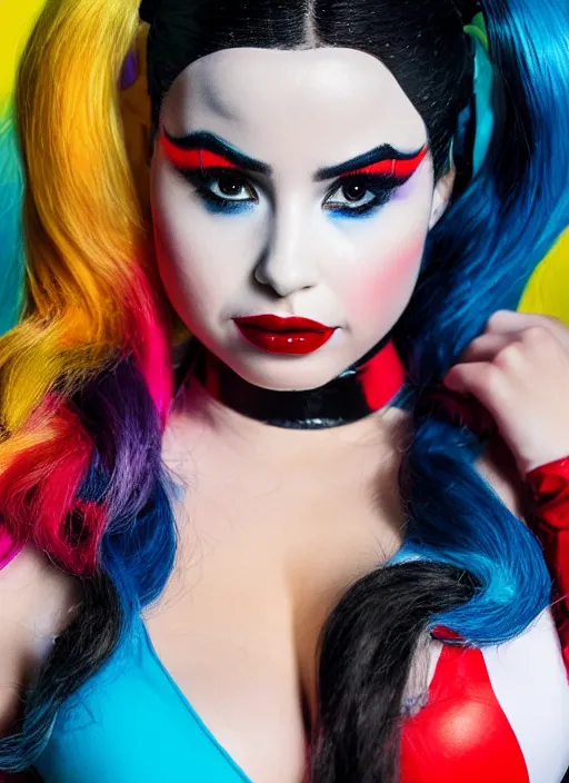 Image similar to portrait of demi rose as harley quinn, by francis giancobetti, natural light, detailed face, canon eos c 3 0 0, ƒ 1. 8, 3 5 mm, 8 k, medium - format print, full body shot