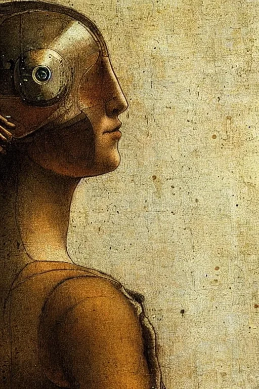 Image similar to a close - up portrait of a cyberpunk cyborg girl, by leonardo davinci, rule of thirds