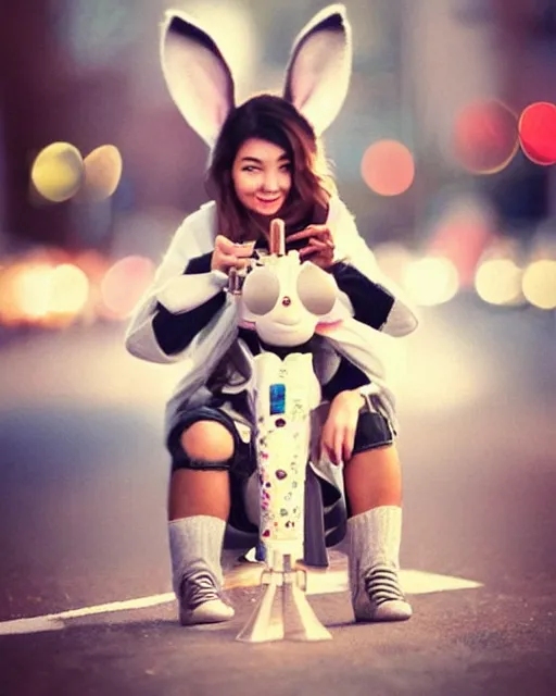 Prompt: 500mm telephoto lens bokeh lights!!! epic pose!!! googly eyed giant oversized rocket battle rabbit robot chubby mech baby sport car double decker with giant oversized ears and rabbit babies ,in busy city , full body , Cinematic focus, Polaroid photo, vintage , neutral dull colors, soft lights, foggy , by oleg oprisco , by national archives, by discovery channel, by victor enrich , by gregory crewdson