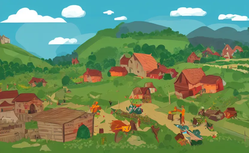 Image similar to some villagers busy farming in a small village in a valley, a dragon approaching from a distance, vector, storybook, gouache, flat, sharp edges, concept art, print