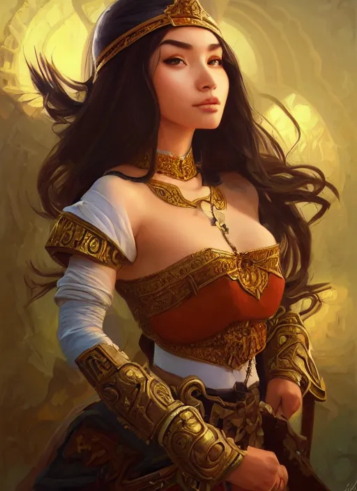 Image similar to portrait of russian mexican asian girl jodhpurs hyperborea lemuria, deep focus, d & d, fantasy, intricate, elegant, highly detailed, digital painting, artstation, concept art, matte, sharp focus, illustration, hearthstone, art by rhads by artgerm and greg rutkowski and alphonse mucha