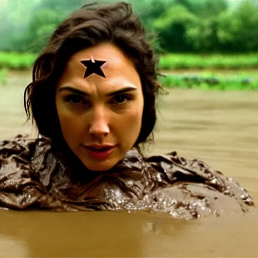 Prompt: film still, close up, gal gadot rising out of muddy vietnam river, face covered in mud, low camera angle at water level, night time, film still from apocalypse now ( 1 9 7 9 ), 2 6 mm.