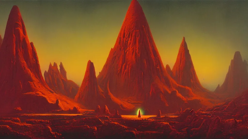 Image similar to mysterious monuments of an alien civilization by paul lehr and john schoenherr, cinematic matte painting