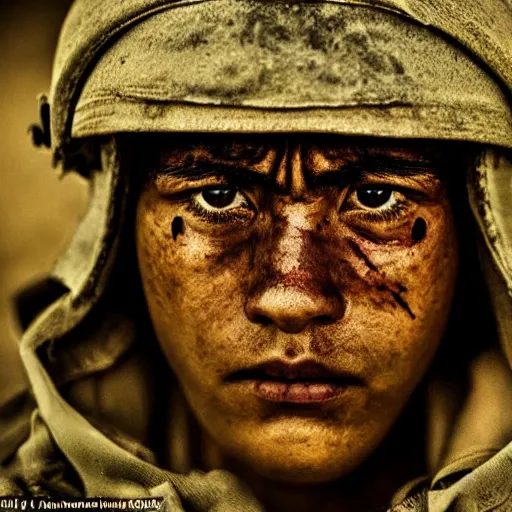 Prompt: soldier!!!!! portrait!!!!! pain, eyes, sadness, soft focus, national geographic