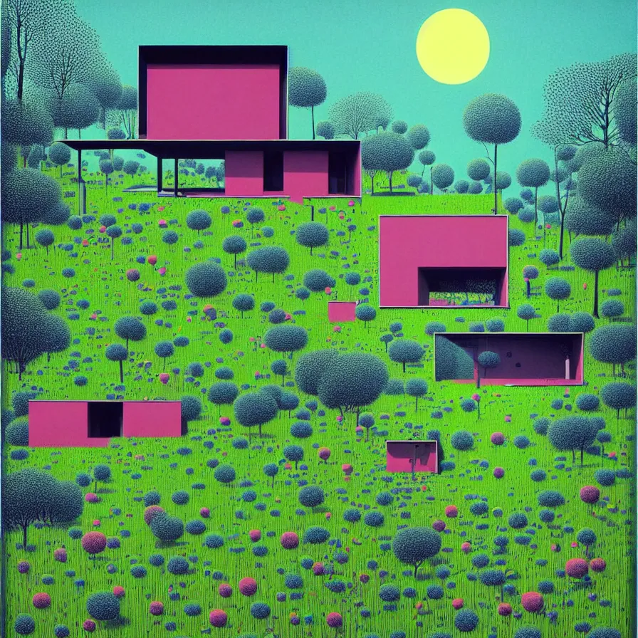 Prompt: surreal glimpse into other universe, house by tadao ando, summer morning, very coherent and colorful high contrast, art by!!!! gediminas pranckevicius!!!!, geof darrow, floralpunk screen printing woodblock, dark shadows, hard lighting, stipple brush technique,